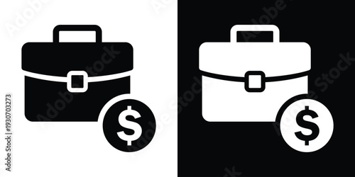 Business briefcase icon paired with a dollar sign coin. Represents investment, budget, financial portfolio, salary, and profit. Black and white professional money concept.