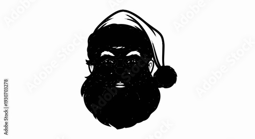 Stylized black silhouette of Santa Claus face with a bushy beard and hat