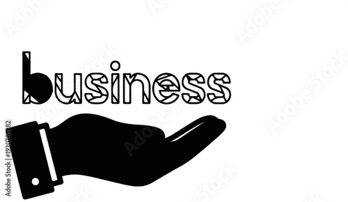 Stylized text "business" hovers over a cupped hand wearing a cuff