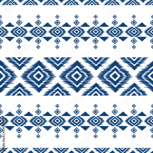 Ethnic ikat blue square dye yarns weaving seamless pattern. Vector hand drawn craftsmanship embroidery bohemian, abstract square geographic art fabric ikat textile material design for clothing