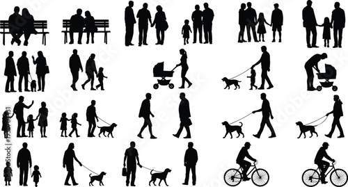 Family people silhouette collection, walking couples parents children with stroller dog cycling figures isolated black vector set illustration