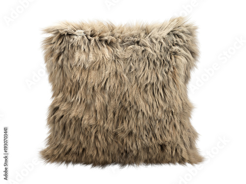 Taupe fluffy faux fur pillow isolated PNG, square shaggy decorative cushion in warm sand brown tone, rustic home decor element