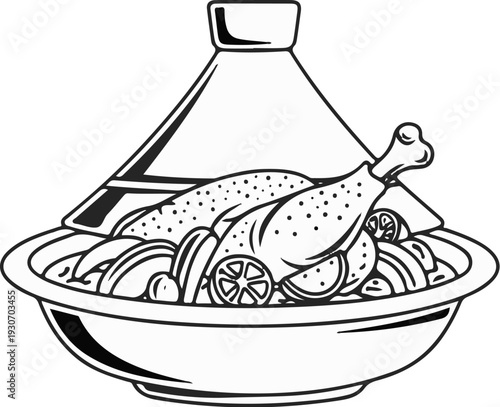 Stylized drawing of a tajine dish with chicken and vegetables