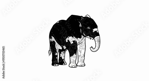 Stylized elephant illustration with black and white linework shading and texture