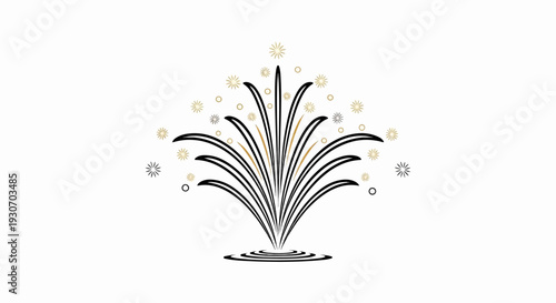 Stylized fountain bursts upward with shimmering starbursts and circles in a monochromatic palette