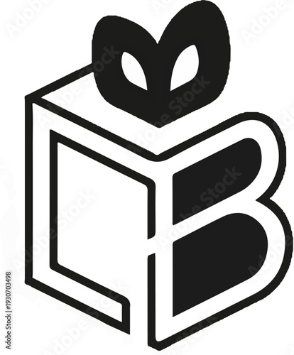 Stylized gift box with ribbon and letters forming a cuboid shape