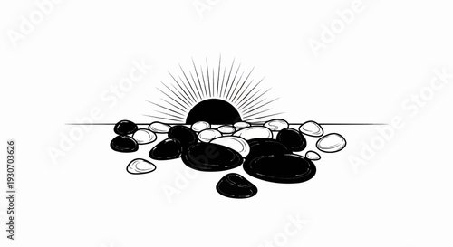 Stylized illustration of a black sun rising over smooth stones on a white background
