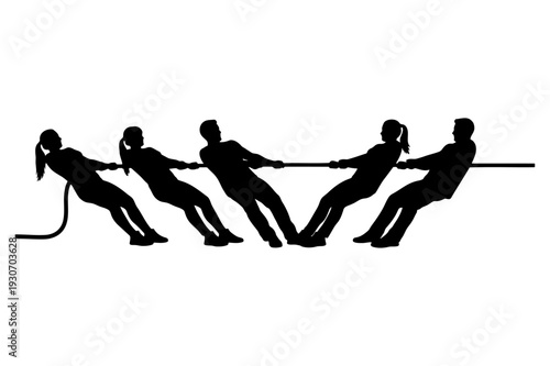 Men and women pulling rope in tug of war competition silhouette