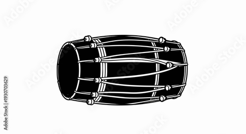 Stylized illustration of a black and white barrel-shaped drum with white tension cords