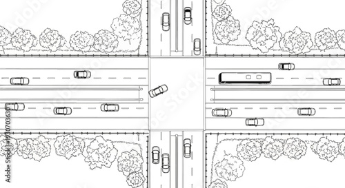 Top-down view of an intersection with cars and a bus amidst trees