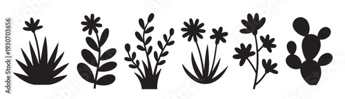 Photos set of plants and flowers silhouette illustration