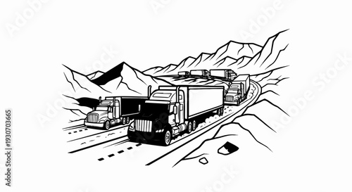 Trucks journeying on a winding road through mountainous terrain
