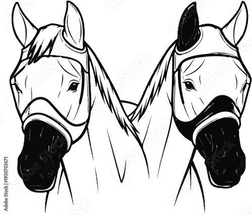Twin horses with bridles, heads angled toward each other, bold outlines