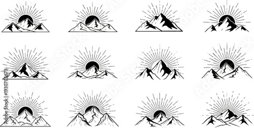 Twelve black and white mountain sunrise illustrations in a grid