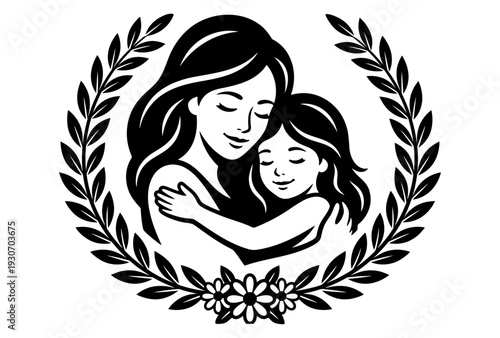 Mother hugging daughter silhouette inside floral wreath frame