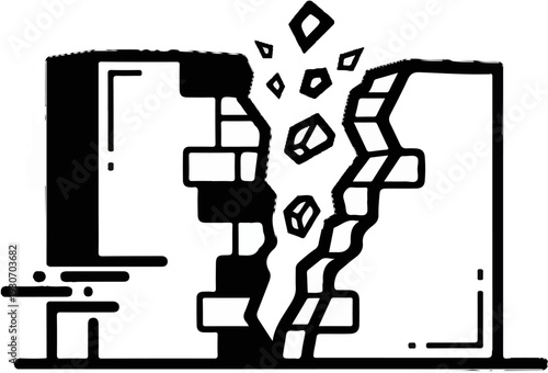 Stylized illustration of a crumbling brick wall with debris falling downwards