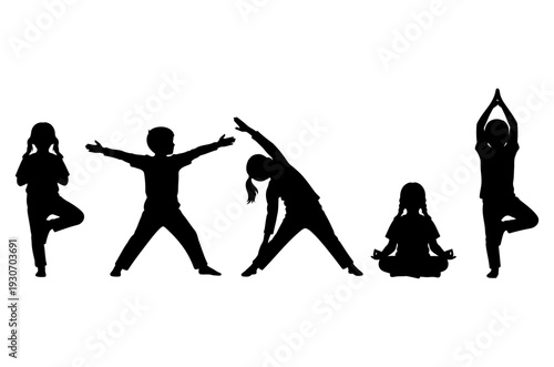 Kids yoga silhouette set with children doing exercises