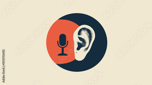 A conceptual illustration depicting a microphone and an ear inside a circular design