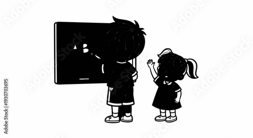 Two children, a boy and a girl, are learning at a blackboard