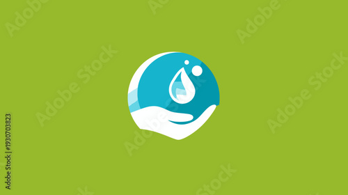 A design featuring a blue sphere with a water drop inside, held by a white hand, on green background