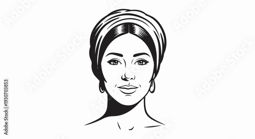 Stylized illustration of a woman's head and shoulders wearing a headscarf and earrings