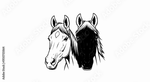 Two horses, one light, one dark, stare forward with flowing manes