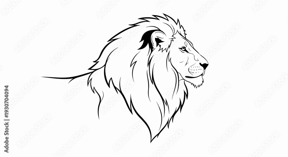 Fototapeta premium Stylized line art profile of a powerful lion's head and mane