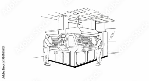 Two people work at advanced scientific equipment in a cleanroom facility