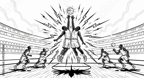 Two rival basketball players jump for a ball in a dramatic game at stadium