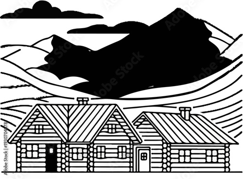 Two rustic log cabins nestled against a backdrop of dramatic mountains and swirling clouds