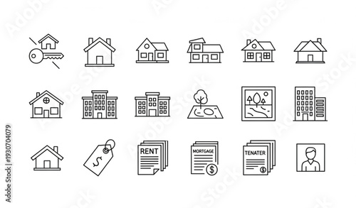 Monoline Real Estate Icons Set for Property Housing Land and Rental Elements