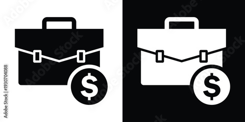Business briefcase icon paired with a dollar sign coin. Represents investment, budget, financial portfolio, salary, and profit. Black and white professional money concept.