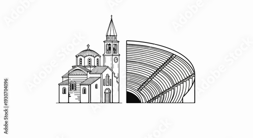 Stylized line art of a church and stadium seating arrangement