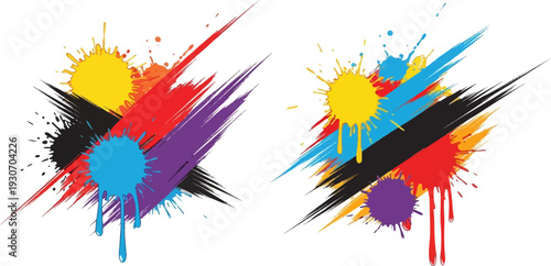 Vibrant paint splashes and brush strokes in a dynamic, abstract composition