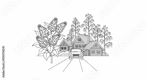 Vintage car approaches rustic village with blooming lilac and tall trees