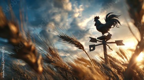 Silhouette of rooster weathervane atop grain, backlit by the setting sun under a dramatic sky