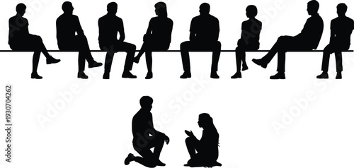 Silhouettes of a diverse group of people sitting on a bench while a couple talks on the ground for social interaction and community concept