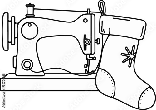 Vintage sewing machine creating a festive Christmas stocking with a snowflake design