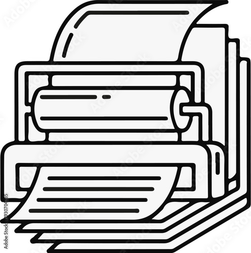 Vintage printing press producing documents, conveying an era of mechanical reproduction