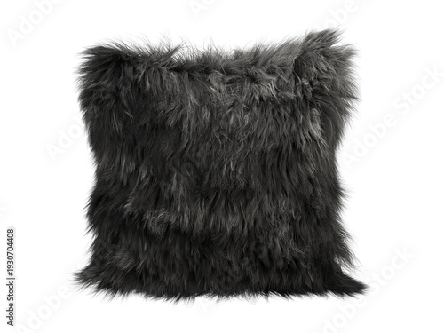 Black fluffy faux fur pillow isolated PNG, square shaggy decorative cushion in deep charcoal tone, modern luxury home decor element