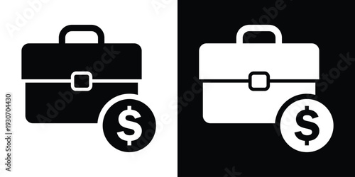 Business briefcase icon paired with a dollar sign coin. Represents investment, budget, financial portfolio, salary, and profit. Black and white professional money concept.