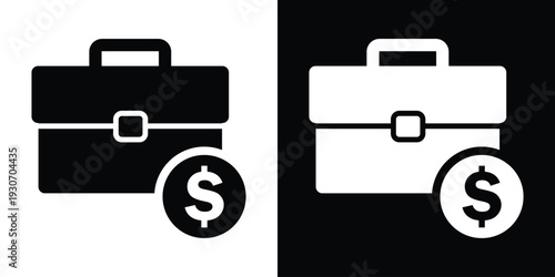 Business briefcase icon paired with a dollar sign coin. Represents investment, budget, financial portfolio, salary, and profit. Black and white professional money concept.