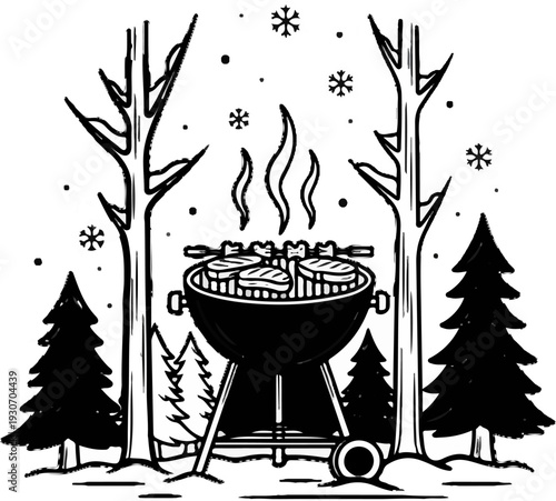 Winter barbecue with steaks cooking on grill among bare trees and snow