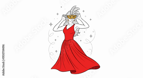 Woman in red dress adjusts a feathered mask, surrounded by festive sparkles and swirls