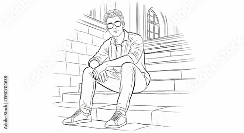 Young man in sunglasses sitting on outdoor steps, casual attire
