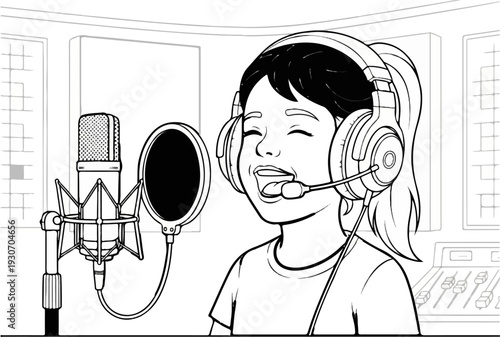 Young person in studio recording vocals wearing headphones and speaking into microphone
