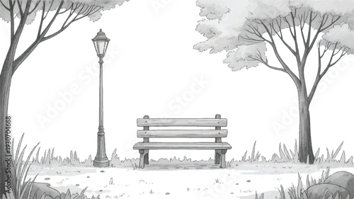 A black and white pencil sketch of a peaceful park scene with a wooden park bench centered between two bare trees (2)_traced