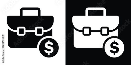 Business briefcase icon paired with a dollar sign coin. Represents investment, budget, financial portfolio, salary, and profit. Black and white professional money concept.