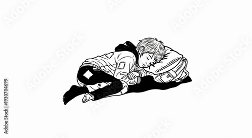 Young person sleeps on a backpack, wearing patched clothes