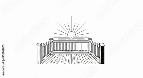 Wooden deck with sun rising over ocean, simple line art